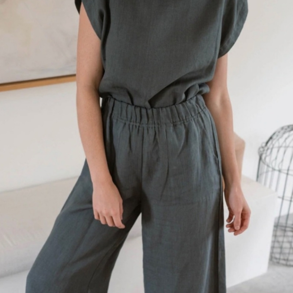 Laude The Label Organic Linen Lined Wide Leg Crop Pants Pull-On Mineral Gray M - Picture 11 of 14